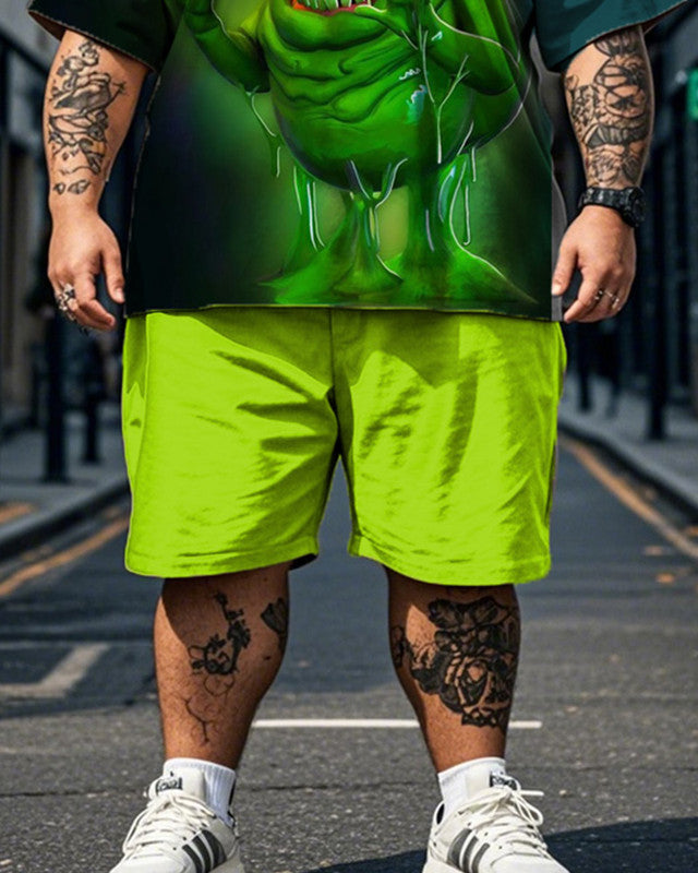 Monster Print Short Sleeve Shorts Plus Size Men's Suit