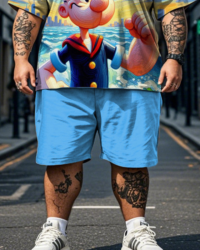Popeye Oil Printed Short Sleeve Shorts Plus Size Men's Suit