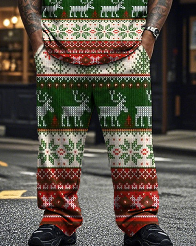 Christmas Moose Crew Neck Short Sleeve T-shirt and Pants Plus Size Suit