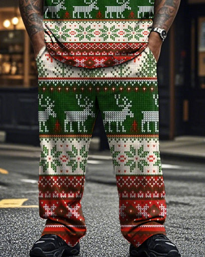 Christmas Moose Crew Neck Short Sleeve T-shirt and Pants Plus Size Suit