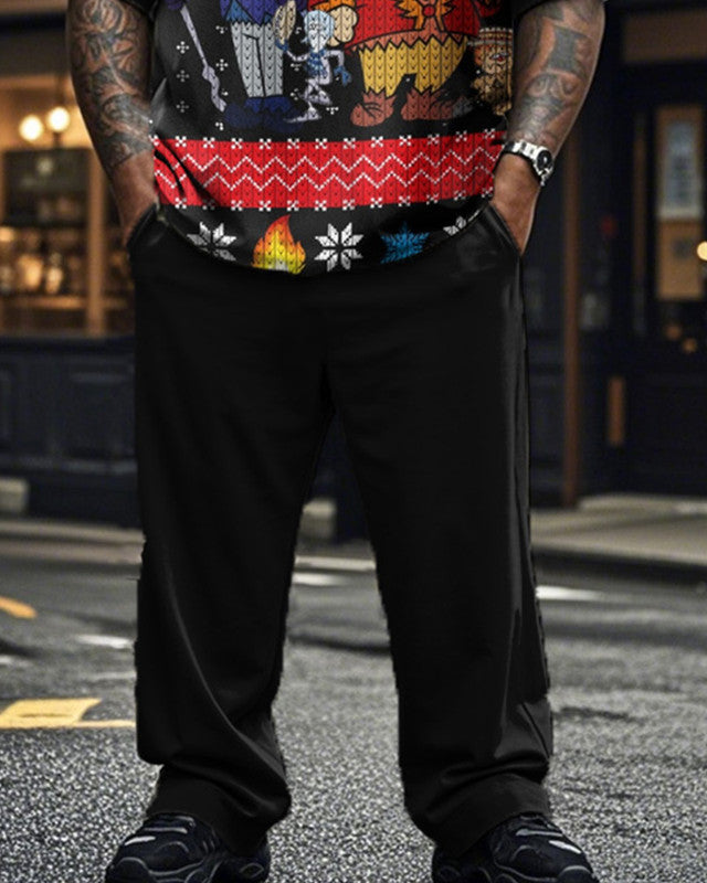 Christmas Cartoon Casual Short-sleeved T-shirt and Trousers Plus Size Men's Suit