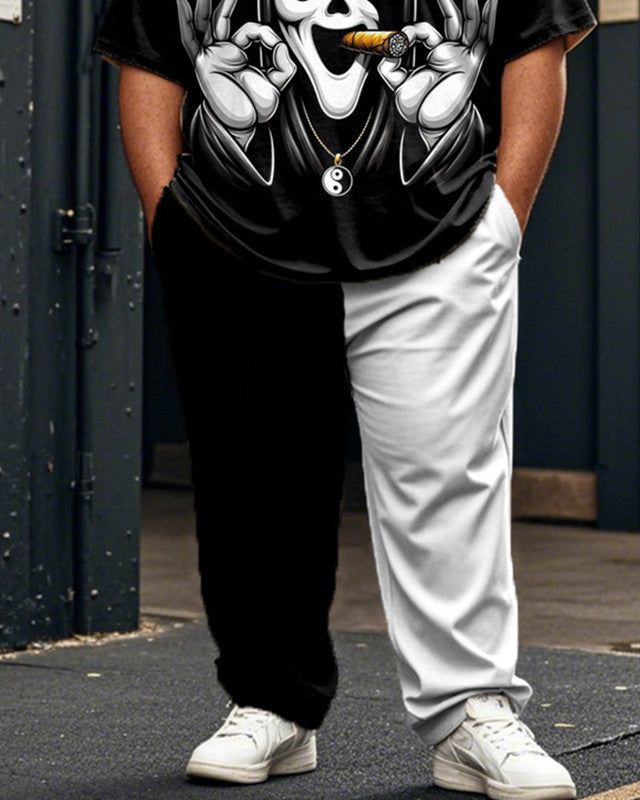 Colorblock Screaming Ghost Plus Size Men's Short Sleeve Long Pants Suit