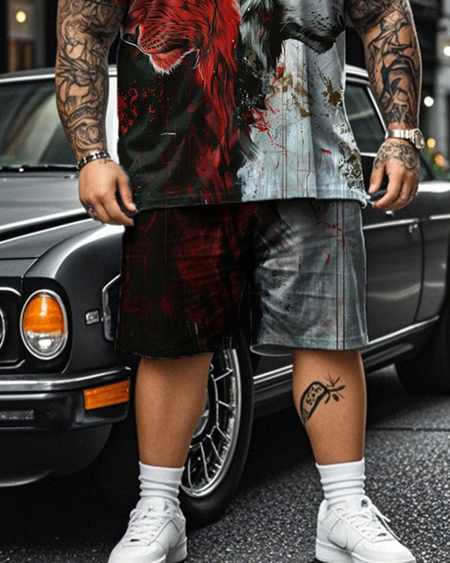 Lion Personality Color Short-sleeved T-shirt Shorts Plus Size Men's Suit