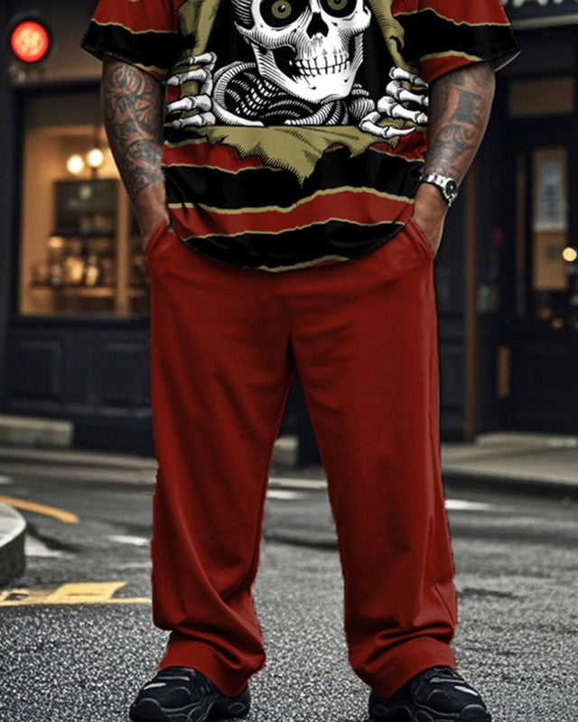 Dark Skull Striped Plus Size Short Sleeve T-shirt Pantsuit