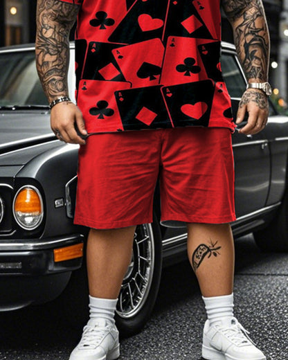 Poker Print Short Sleeve T-shirt Shorts Plus Size Men's Suit
