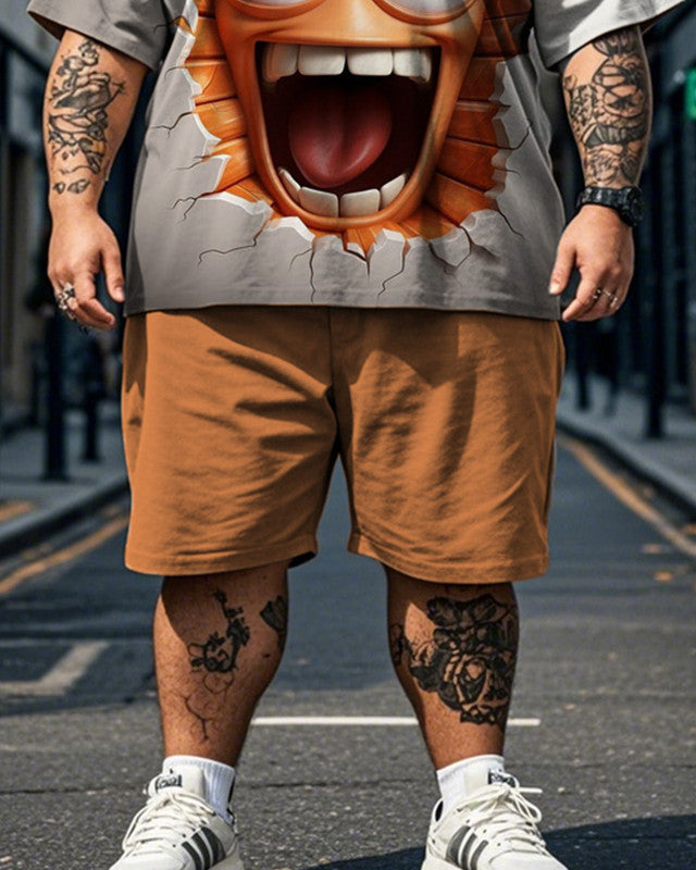 Printed Smiley Face Short Sleeve Shorts Plus Size Men's Suit