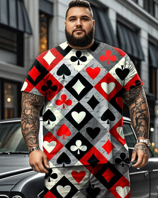 Mixed Color Diamond Check Printed Short Sleeve T-shirt Shorts Plus Size Men's Suit