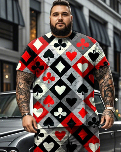 Mixed Color Diamond Check Printed Short Sleeve T-shirt Shorts Plus Size Men's Suit
