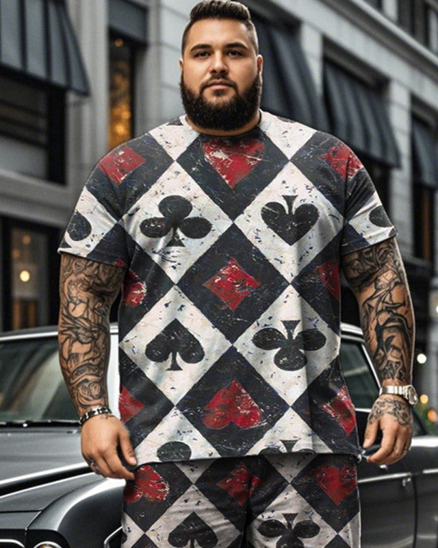 Street Color Diamond Check Printed Short Sleeve T-shirt Shorts Plus Size Men's Suit