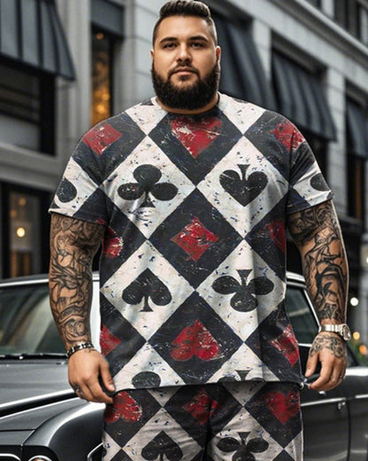 Street Color Diamond Check Printed Short Sleeve T-shirt Shorts Plus Size Men's Suit