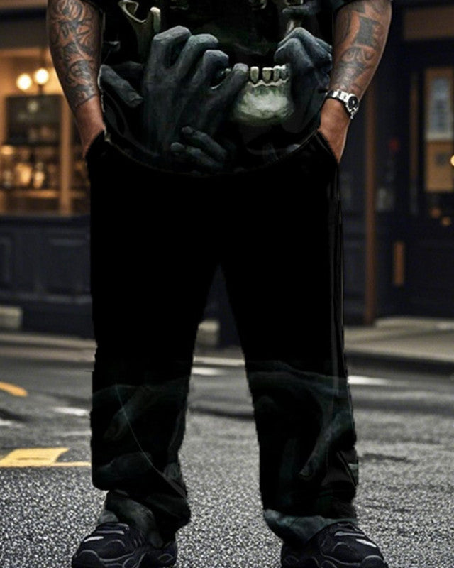 Skull Dark Print Short-sleeved T-shirt and Trousers Large Size Men's Suit