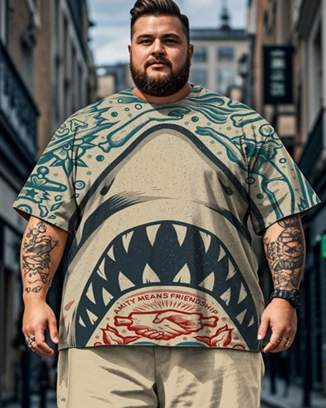 Japanese Shark Print Short Sleeve Shorts Plus Size Men's Suit