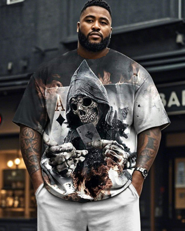 Dark Skull Poker Cards Short Sleeve T-shirt Trousers Large Size Men's Suit