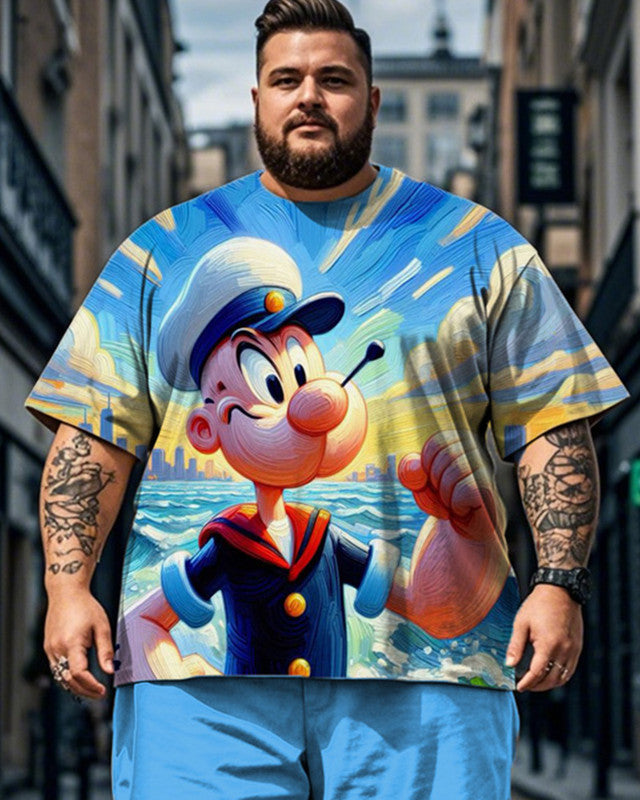 Popeye Oil Printed Short Sleeve Shorts Plus Size Men's Suit