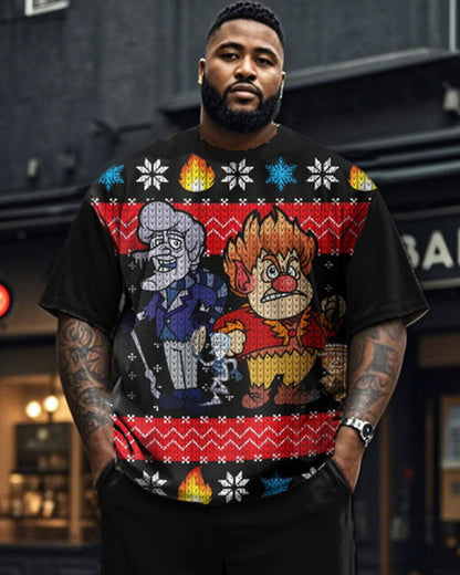 Christmas Cartoon Casual Short-sleeved T-shirt and Trousers Plus Size Men's Suit