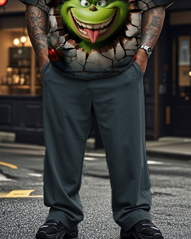 Christmas Wall Crack Monster Print Large Size Short Sleeve Long Pants Two Piece Set