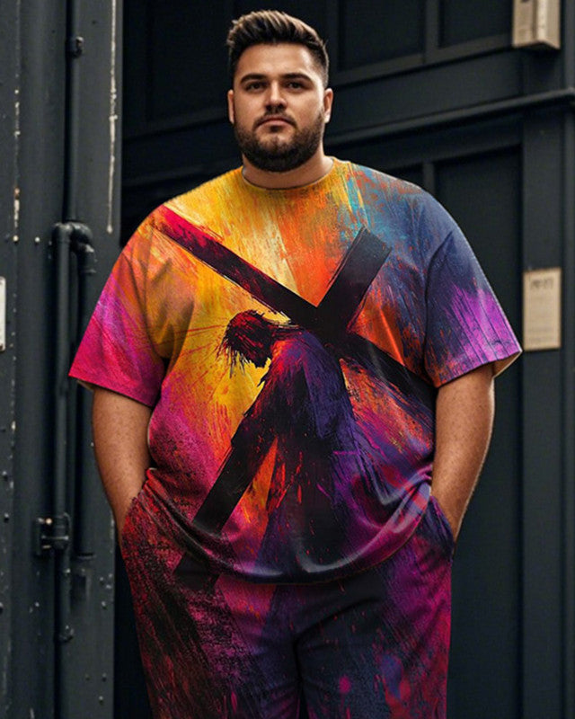 Colorful Cross Christ Large Size Men's Short Sleeve Pants Suit