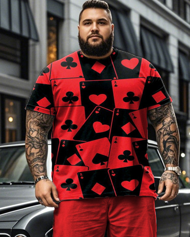 Poker Print Short Sleeve T-shirt Shorts Plus Size Men's Suit