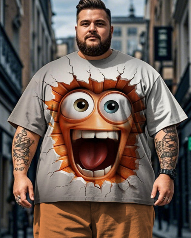 Printed Smiley Face Short Sleeve Shorts Plus Size Men's Suit