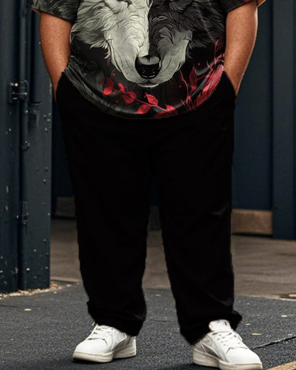 Wolf Head Contrasting Print Short-sleeved T-shirt and Trousers Plus Size Men's Suit