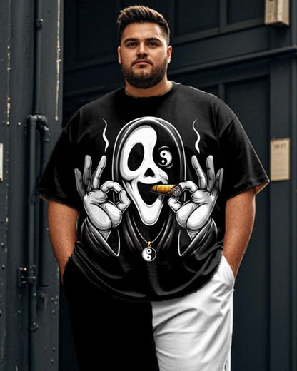 Colorblock Screaming Ghost Plus Size Men's Short Sleeve Long Pants Suit