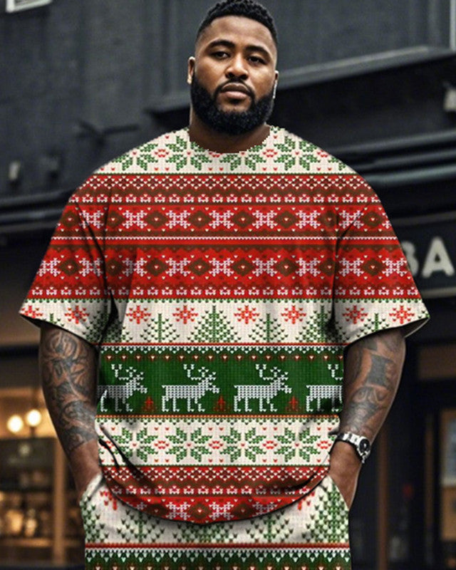 Christmas Moose Crew Neck Short Sleeve T-shirt and Pants Plus Size Suit