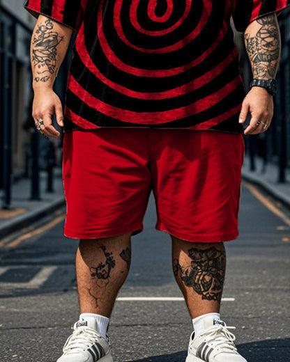 Color Matching Swirl Print Short Sleeve T-shirt Shorts Plus Size Men's Suit