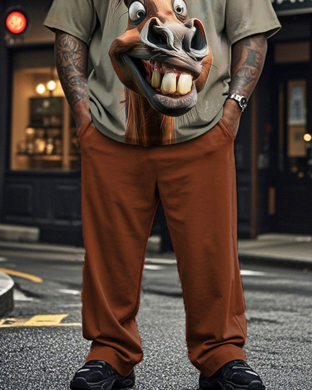 Cute Pony Plus Size Short Sleeve T-shirt and Pants Men's Suit