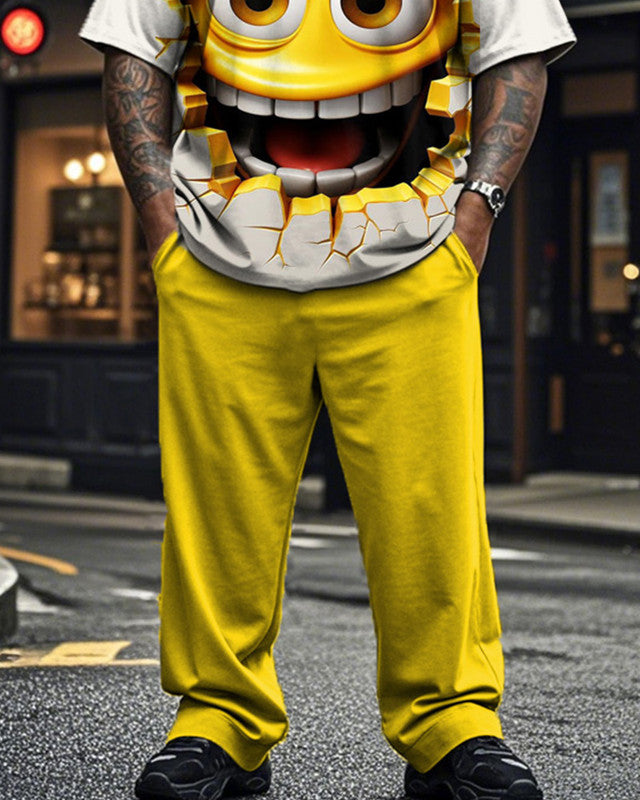 Funny Emoticon Printed Short Sleeve Trousers Plus Size Men's Suit