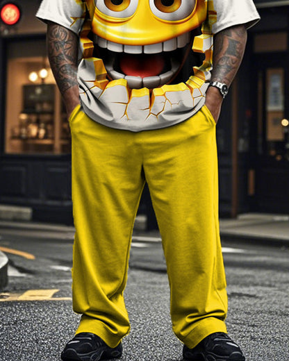 Funny Emoticon Printed Short Sleeve Trousers Plus Size Men's Suit