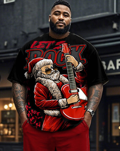 Santa Claus Guitar Print Short-sleeved T-shirt and Trousers Plus Size Men's Suit