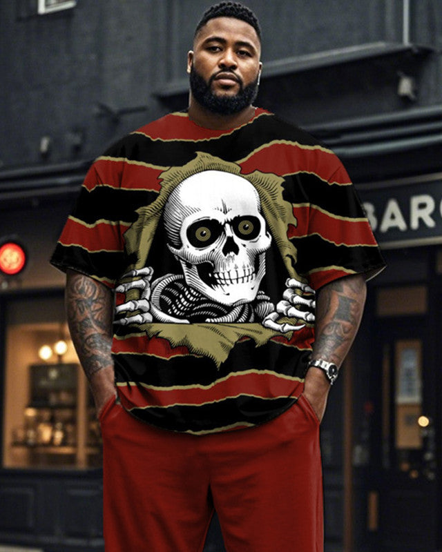 Dark Skull Striped Plus Size Short Sleeve T-shirt Pantsuit