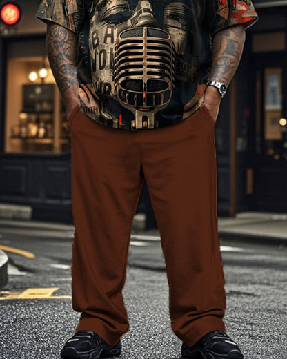 Vintage Art Print Short Sleeve Trousers Plus Size Men's Suit