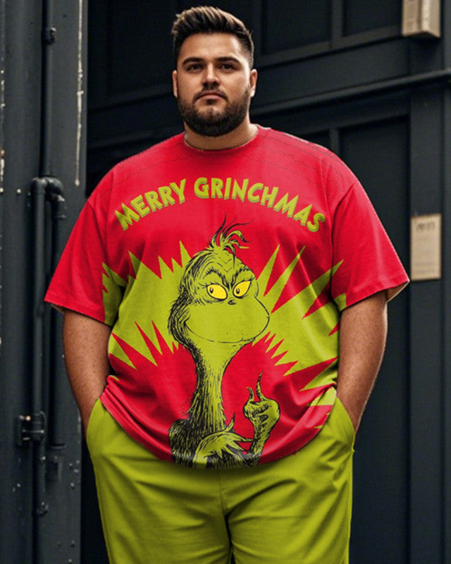 Christmas Color Monster Short Sleeve Top and Pants Plus Size Suit