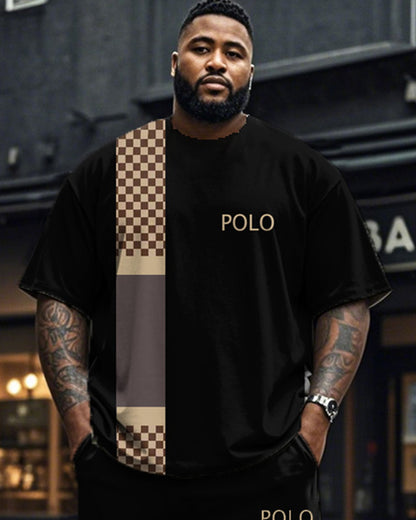 Monogrammed Round Neck Short Sleeve T-shirt and Trousers Plus Size Suit