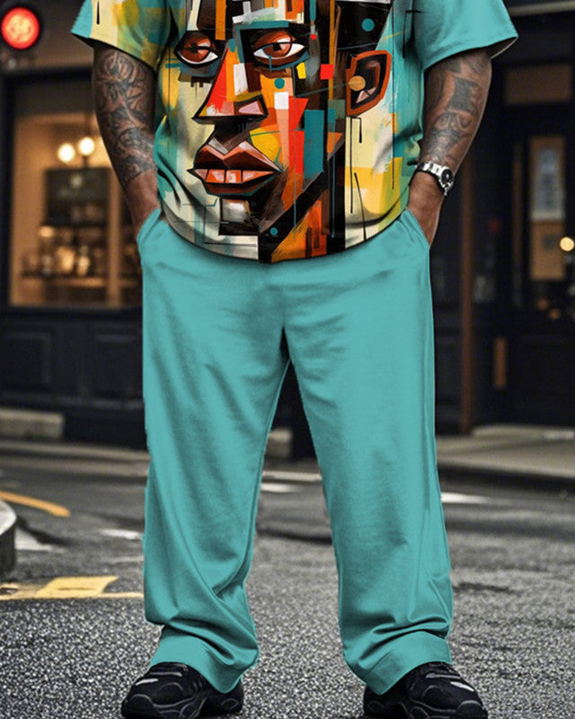 Vintage Black Print Short Sleeve Trousers Plus Size Men's Suit