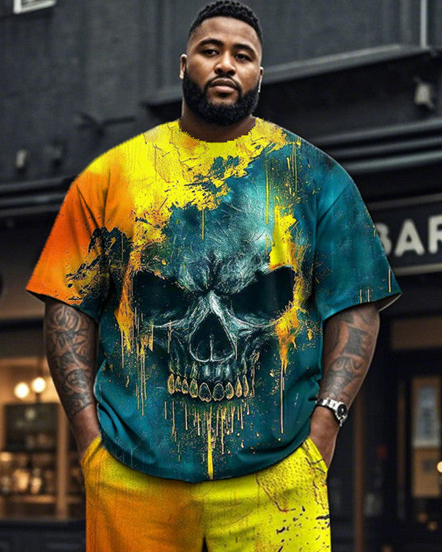 Skull Color Matching Print Short-sleeved T-shirt and Trousers Large Size Men's Suit