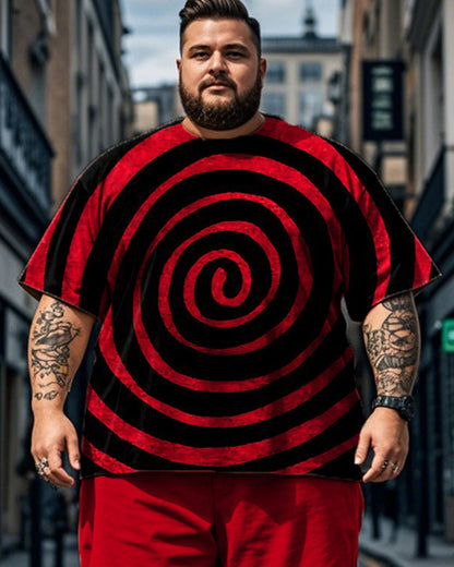 Color Matching Swirl Print Short Sleeve T-shirt Shorts Plus Size Men's Suit