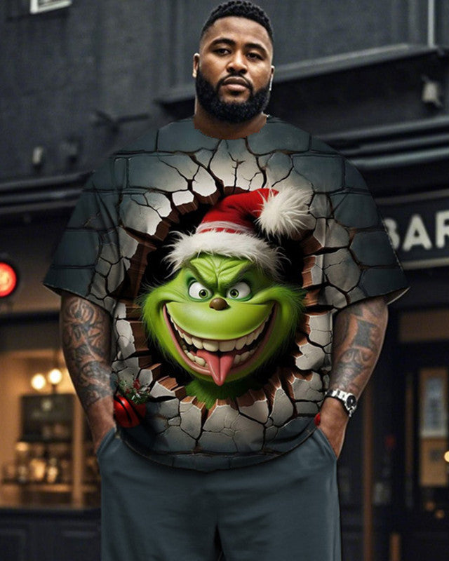 Christmas Wall Crack Monster Print Large Size Short Sleeve Long Pants Two Piece Set