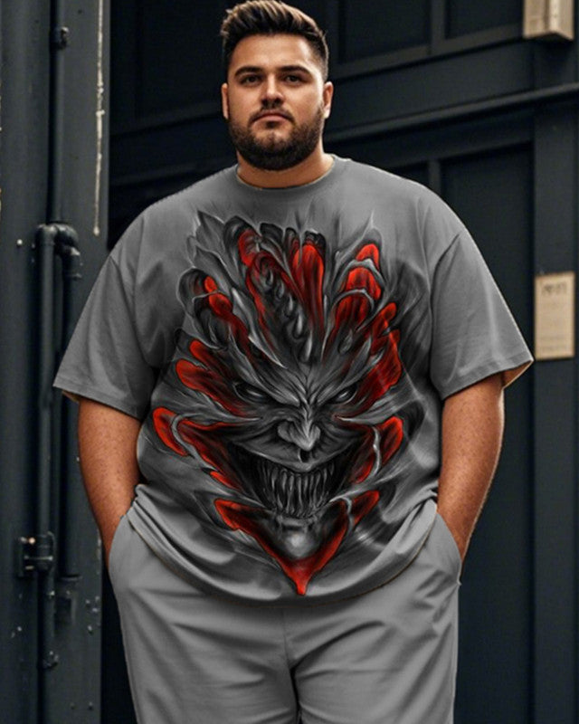 Dragon Print Short Sleeve T-Shirt and Trousers Large Size Men's Suit