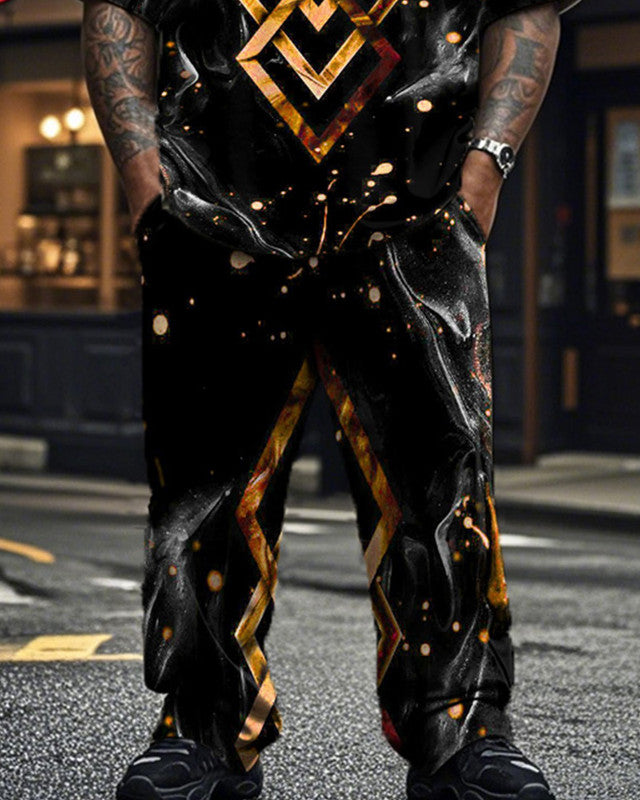 Dark Geometric Large Size Men's Short Sleeve Trousers Suit