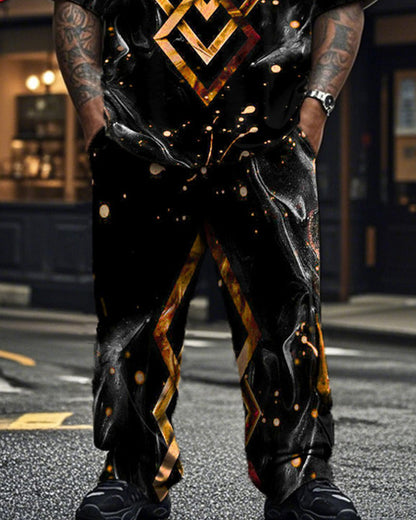 Dark Geometric Large Size Men's Short Sleeve Trousers Suit