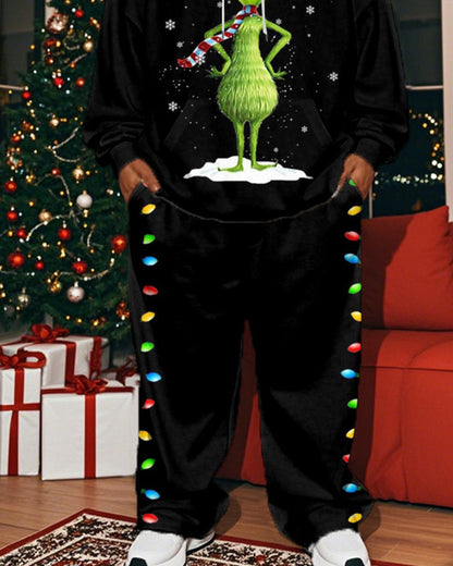 Christmas Cartoon Print Hooded Sweatshirt and Trousers Large Size Men's Suit