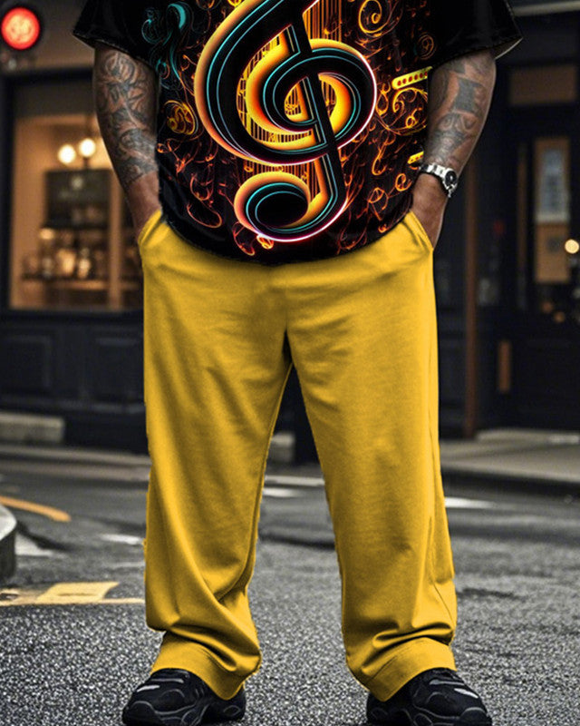 Note Print Short Sleeve Pants Plus Size Men's Suit