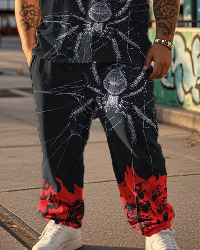Color-Coded Spider Skull Print Large Size Short-Sleeved T-Shirt And Trousers Men's Two-Piece Set