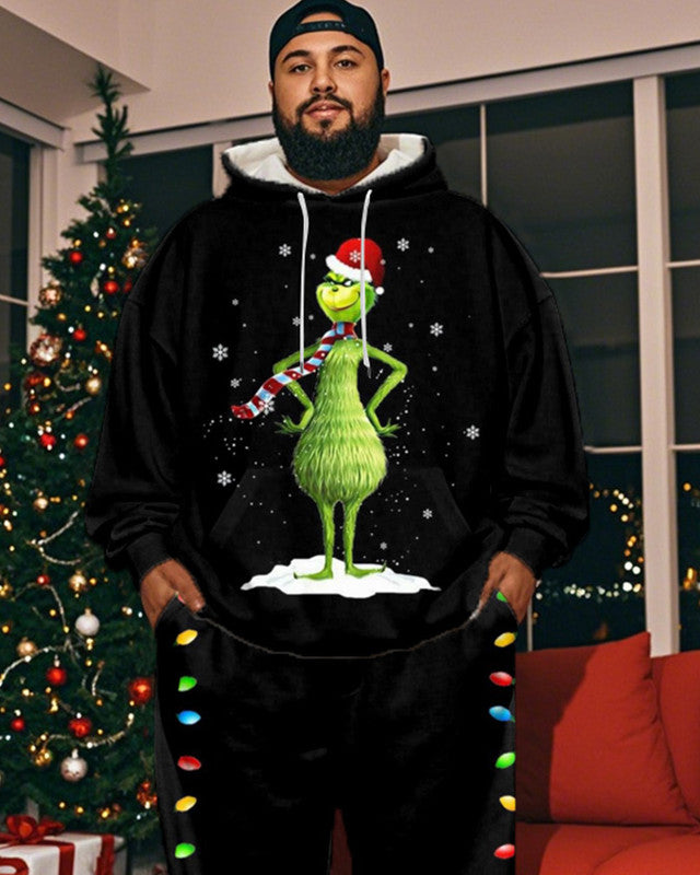 Christmas Cartoon Print Hooded Sweatshirt and Trousers Large Size Men's Suit