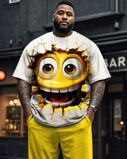 Funny Emoticon Printed Short Sleeve Trousers Plus Size Men's Suit