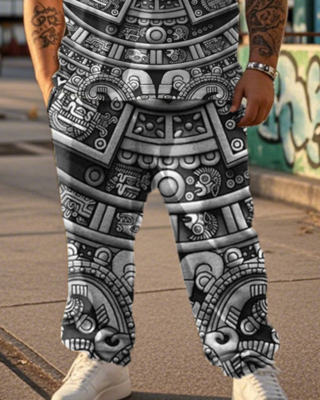 Viking Print Large Size Short Sleeve T-Shirt And Trousers Men's Two-Piece Set