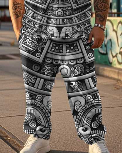 Viking Print Large Size Short Sleeve T-Shirt And Trousers Men's Two-Piece Set