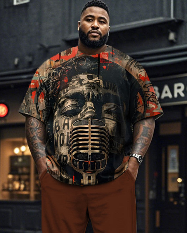 Vintage Art Print Short Sleeve Trousers Plus Size Men's Suit
